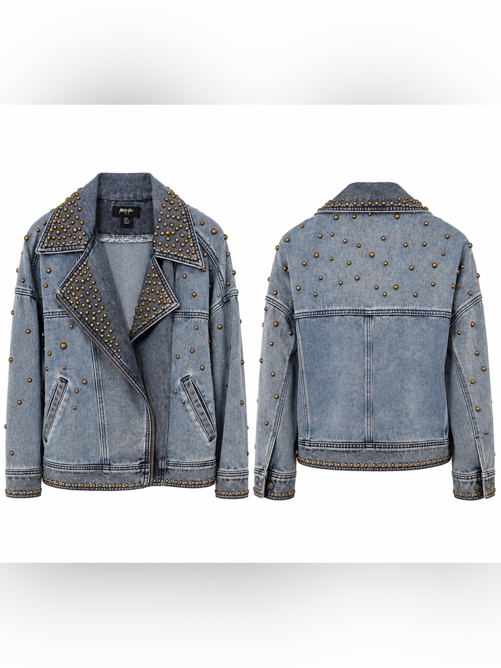 Nasty Gal Light Blue Denim Studded Moto Jacket
